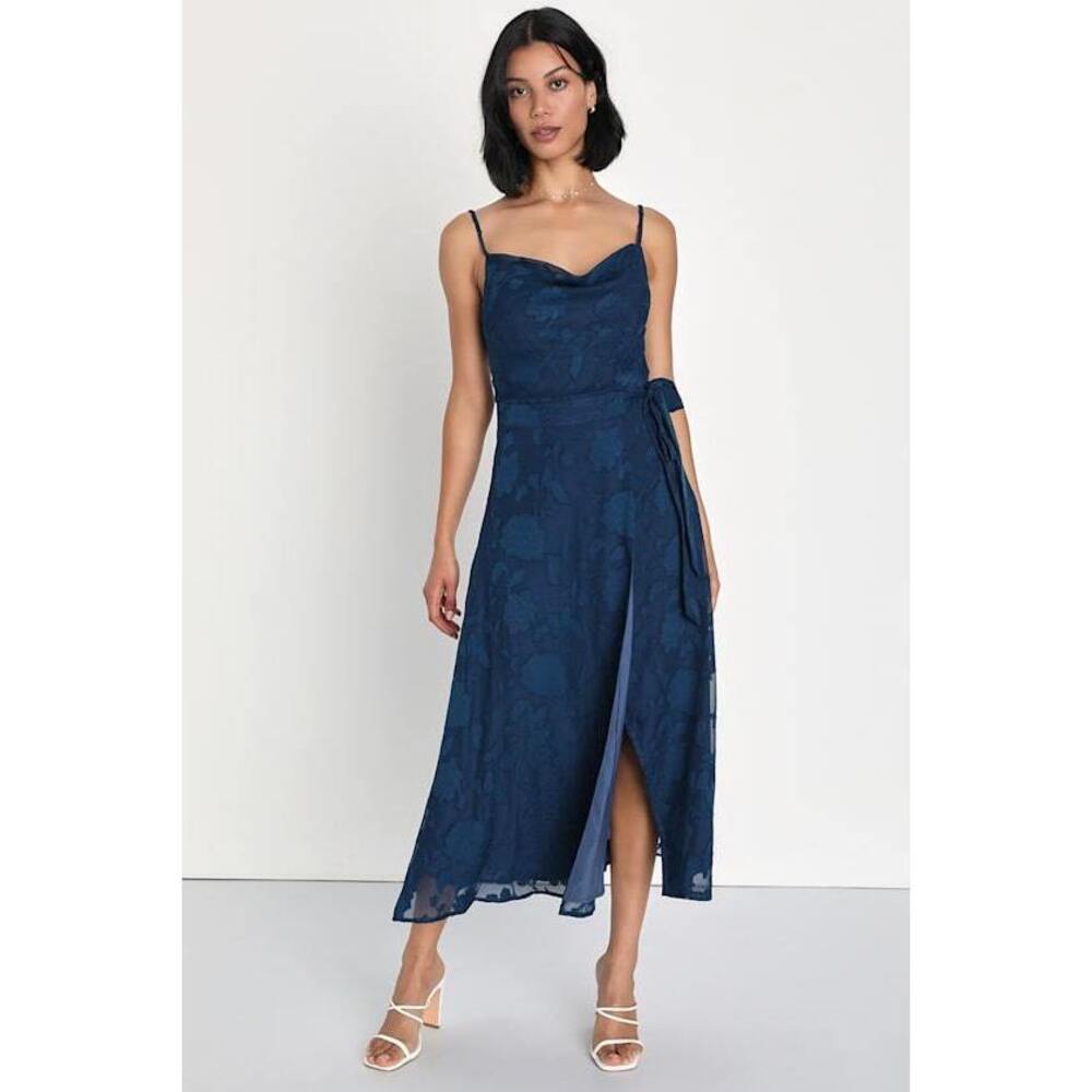 Lulus Dreamy Event Navy Blue Burnout Floral Faux Wrap Midi Dress - Size XS